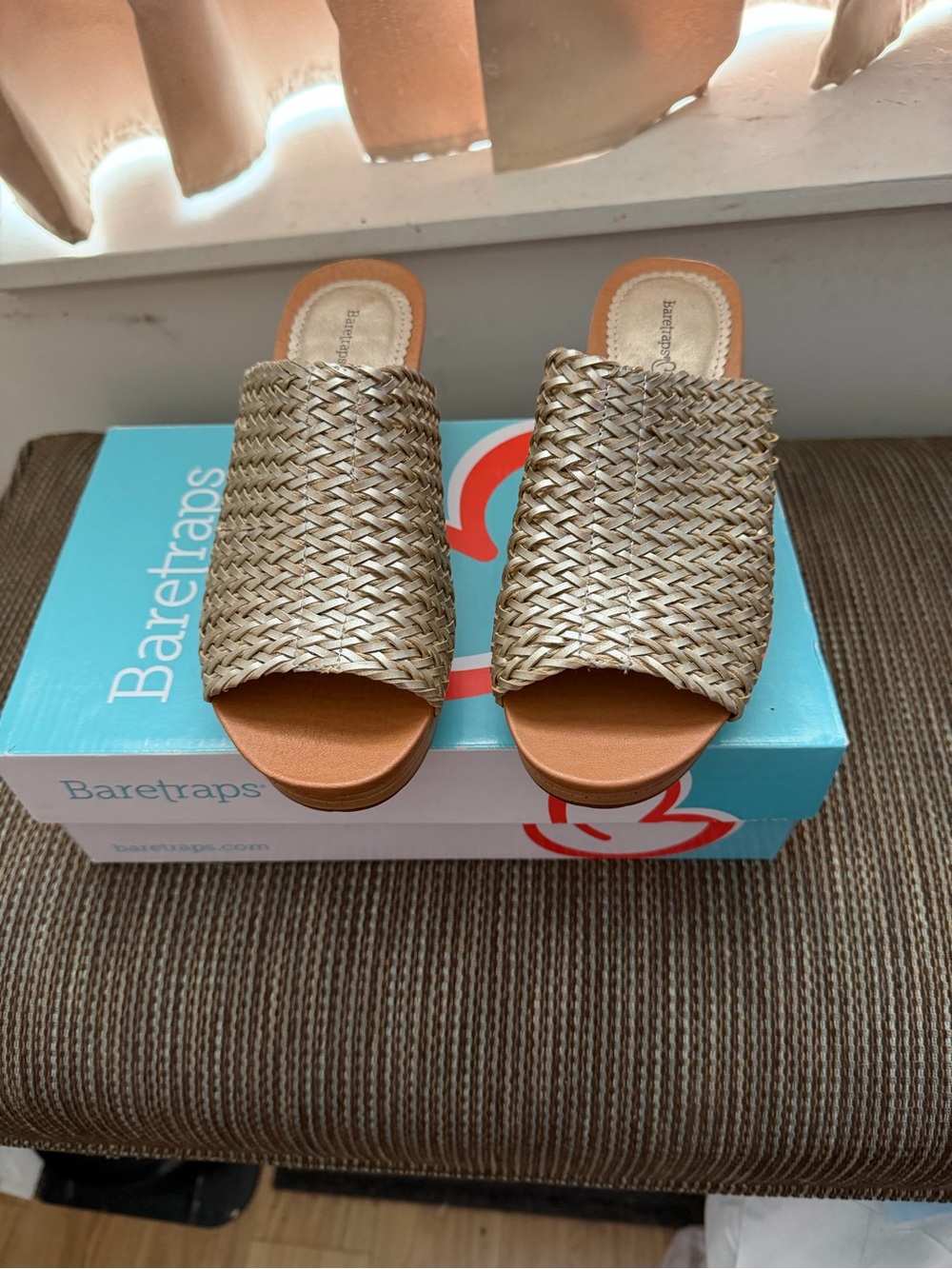 BareTraps Gold Woven Slide Mules with Tan Footbed